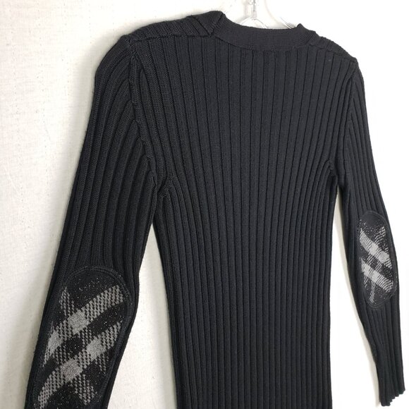BURBERRY London Wool Sweater Plaid Elbow Patches Ribbed Knit Black V-neck size S - Picture 11 of 11